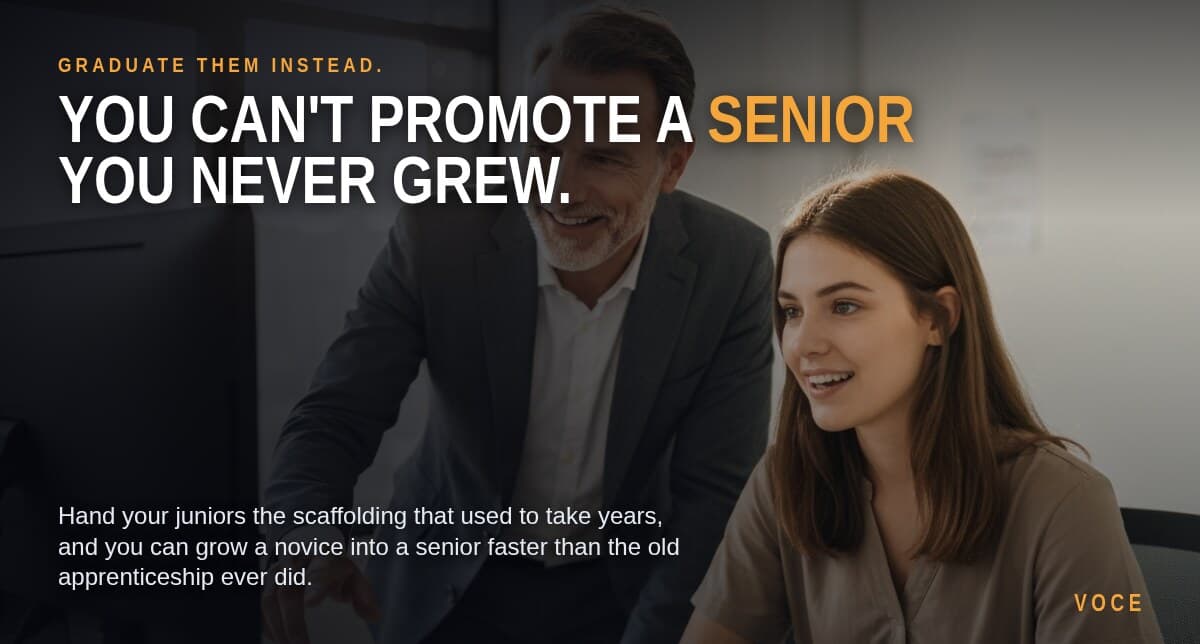 A warm, dark-toned photo of a grey-suited senior mentor leaning in beside a junior colleague at a monitor, under the headline "You can't promote a senior you never grew" with the word "Senior" in amber.