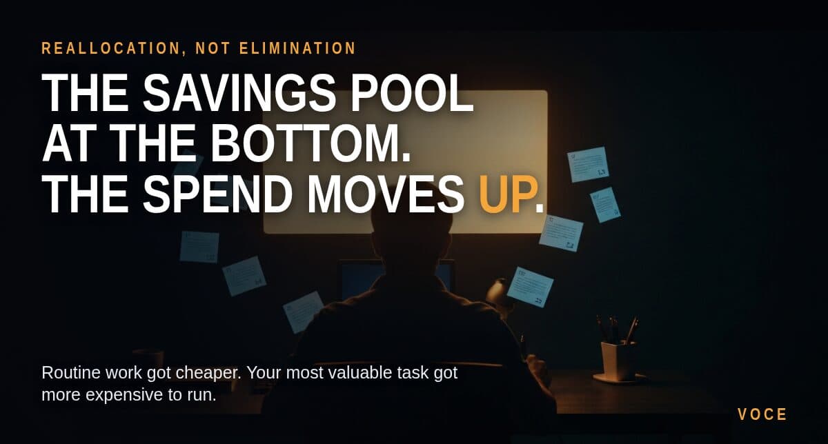 A lone figure silhouetted at a desk before a glowing monitor, dim task cards drifting in the dark around them, over the headline "The savings pool at the bottom. The spend moves up."