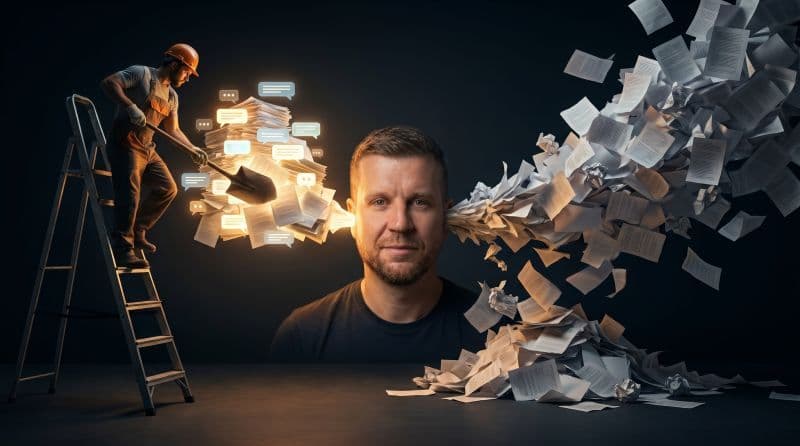 A man's head amid a storm of documents — one worker shoveling pages in, another stream pouring out