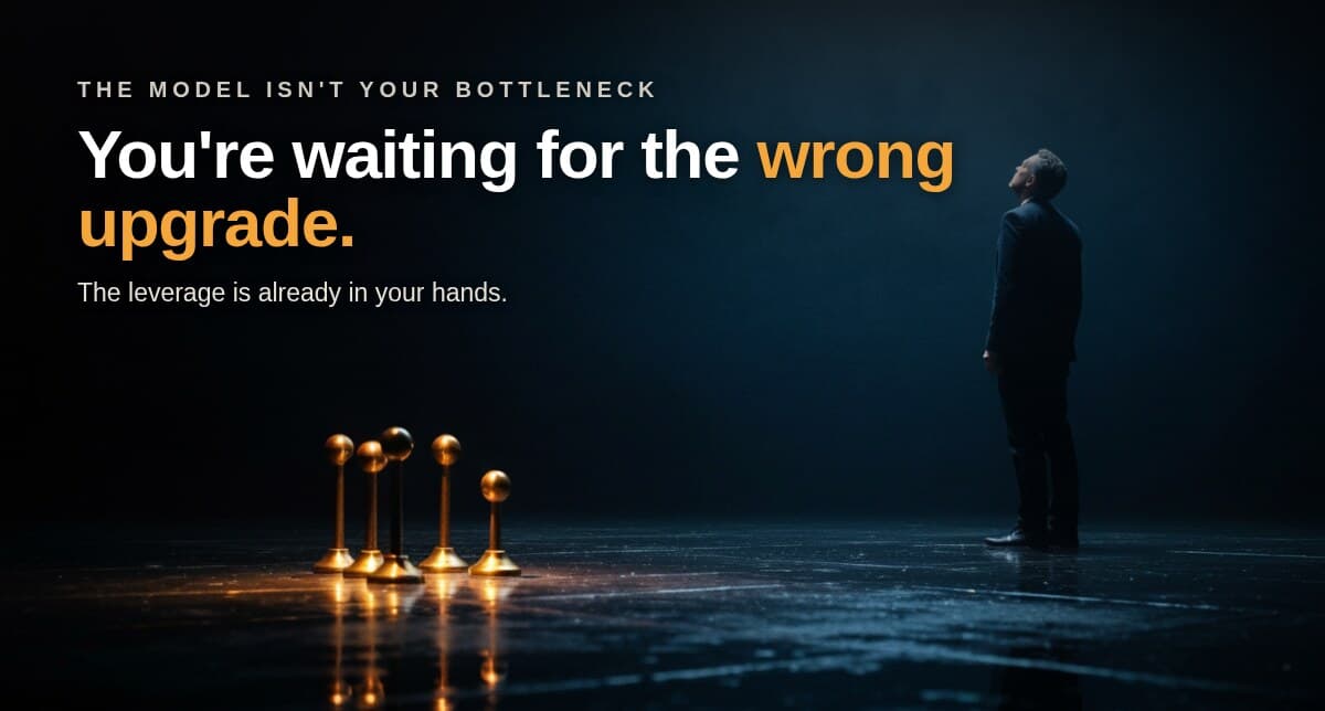 A lone figure on a dark stage gazing up into the void while brass levers glow, ignored, at his feet, over the headline "You're waiting for the wrong upgrade."